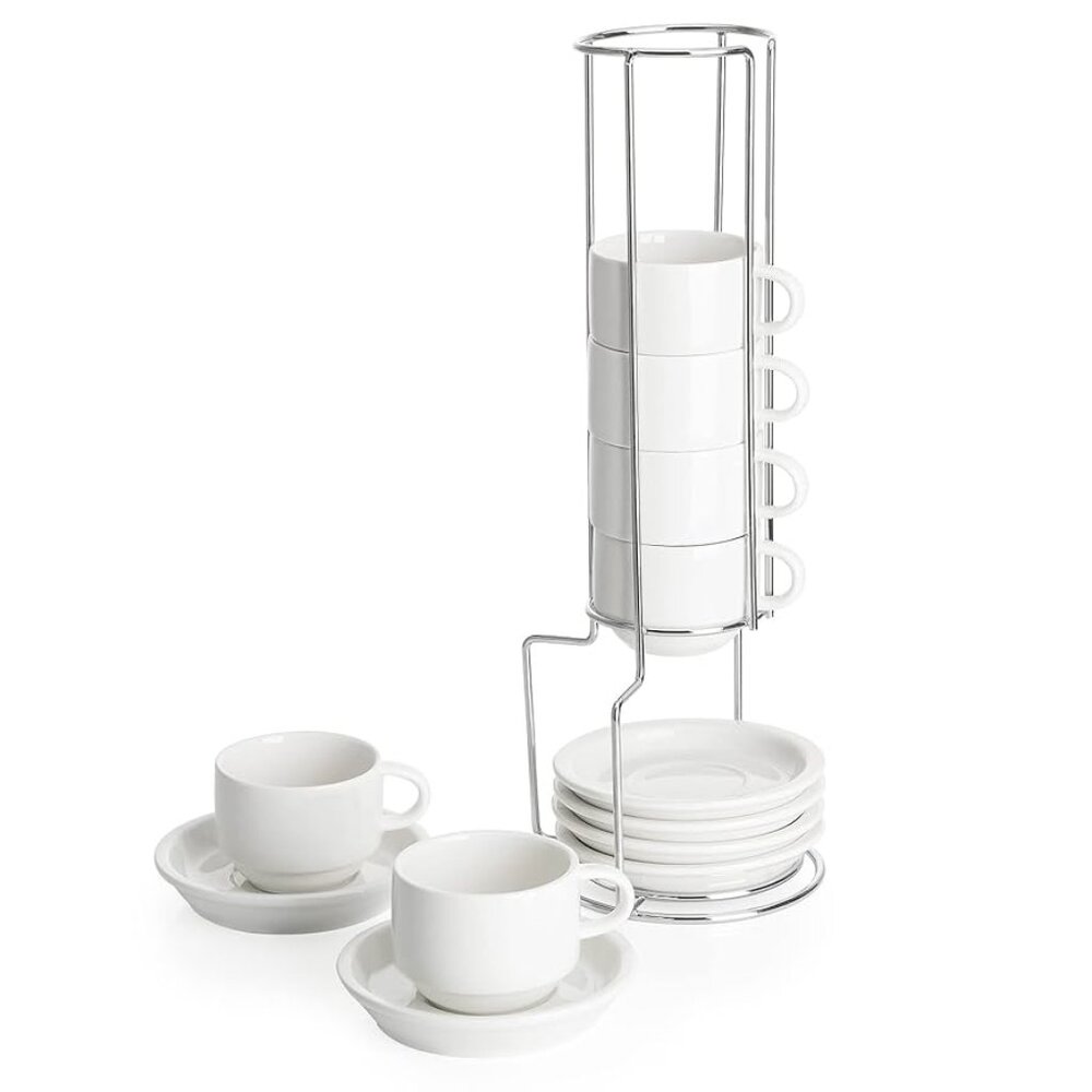 Sweese Porcelain Stackable Espresso Cups with Saucers and Metal Stand | 2.5 oz - Picture 4 of 4